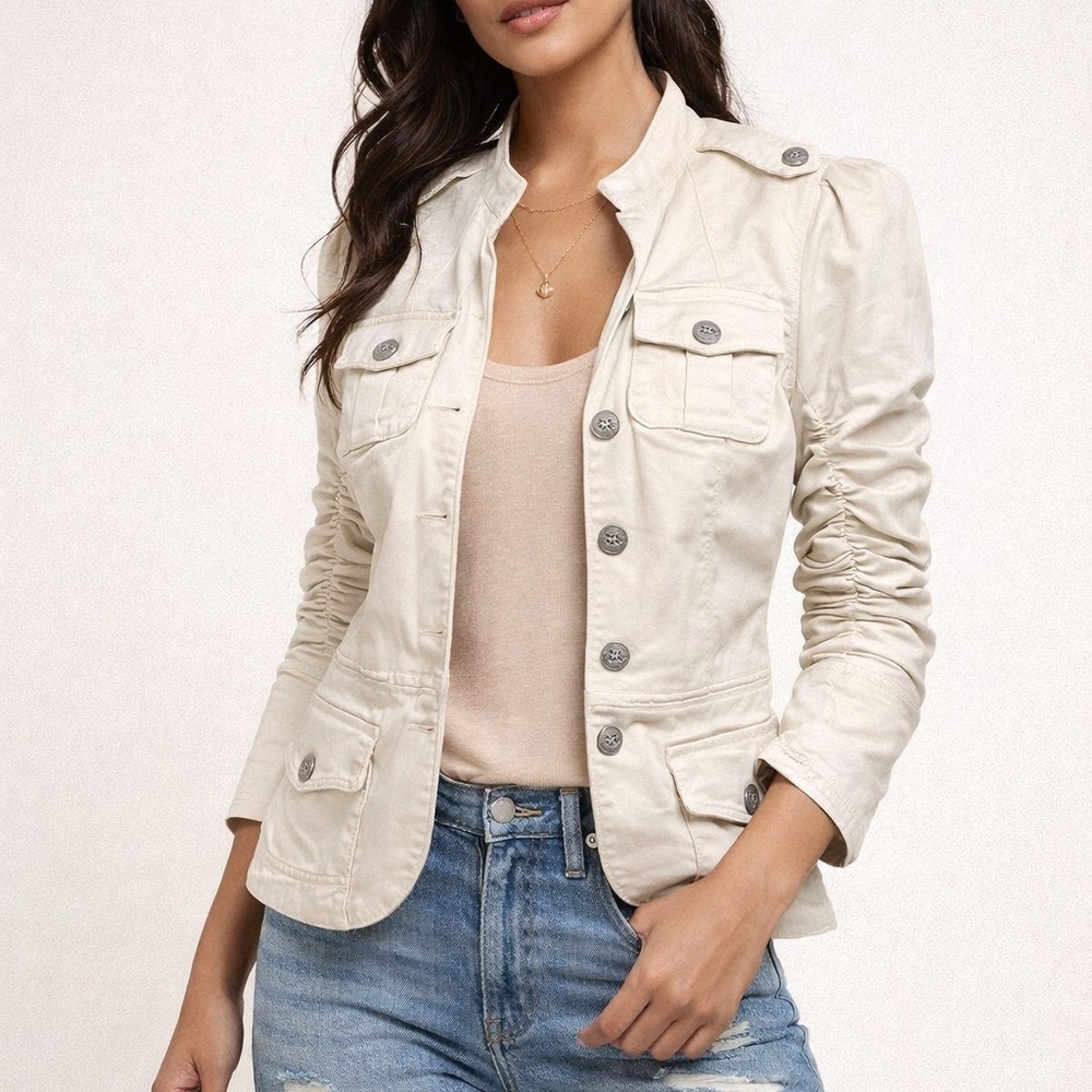 ROK LaROK Cream Military Jacket Ruched Sleeves Fitted Utility Style